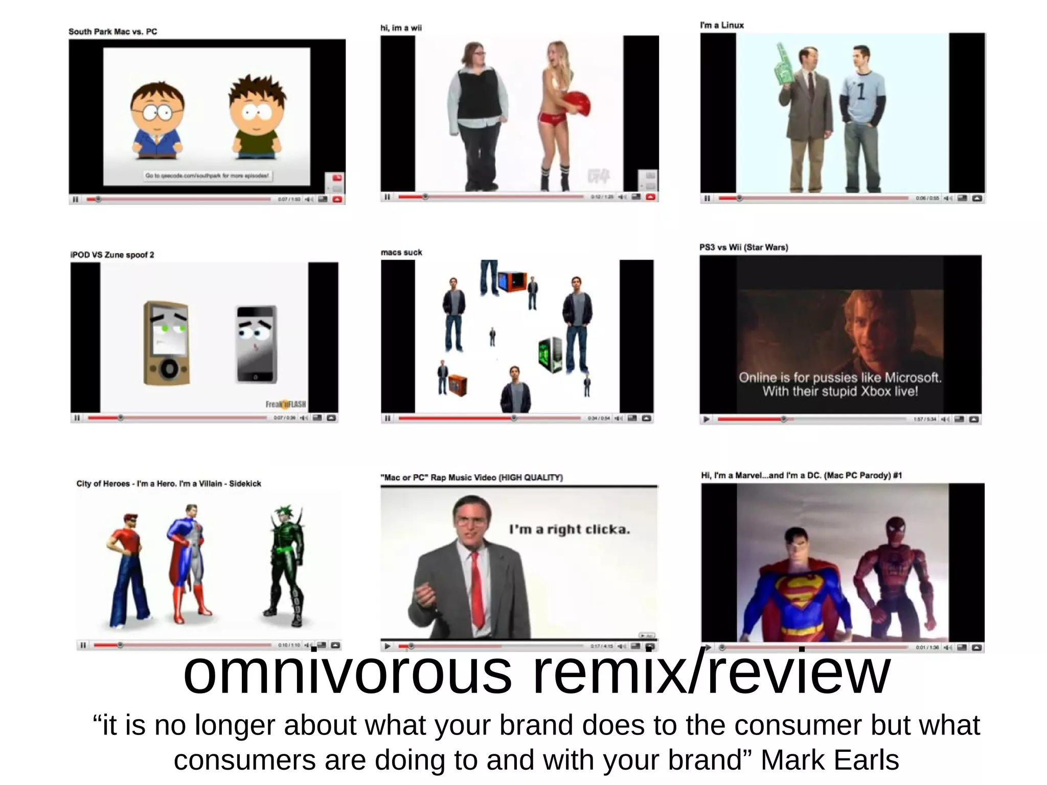 omnivorous remix/review “it is no longer about what your brand does to the consumer but what consumers are doing to and with your brand” Mark Earls 