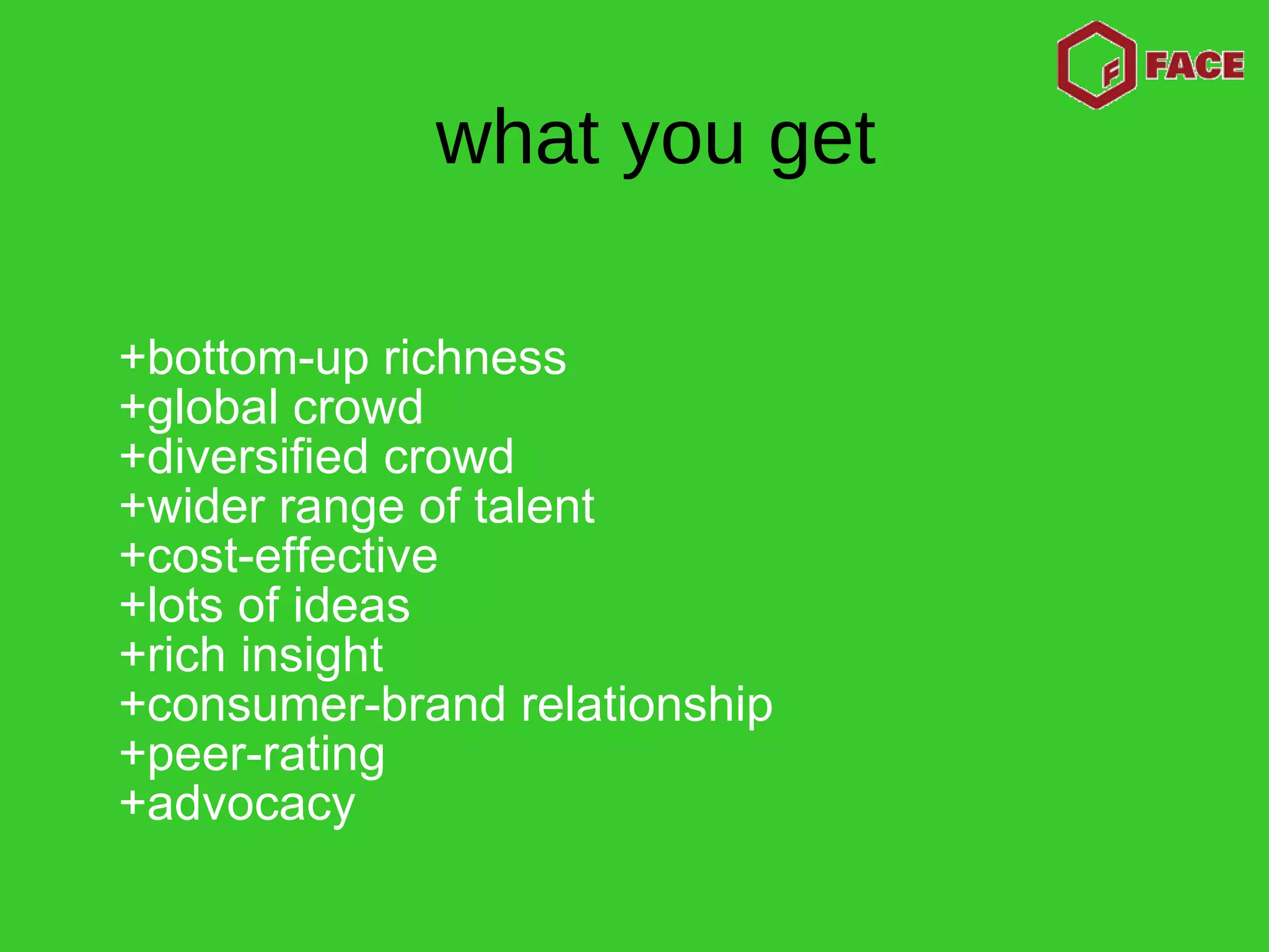 +bottom-up richness +global crowd +diversified crowd +wider range of talent +cost-effective +lots of ideas +rich insight +consumer-brand relationship +peer-rating +advocacy what you get 