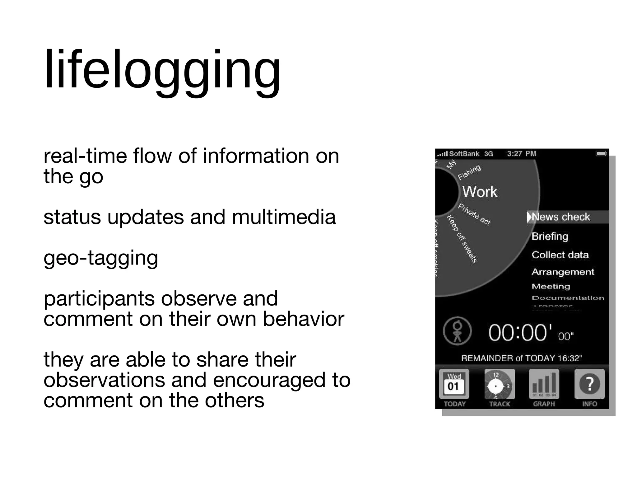 real-time flow of information on the go status updates and multimedia geo-tagging participants observe and comment on their own behavior they are able to share their observations and encouraged to comment on the others lifelogging 