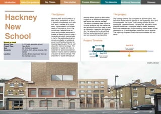 Key Phases Case studies Process Milestones Ten Lessons Additional Resources
33 34
School Building Guidance for Head Teachers,School Building Commissioners, Teachers and the Wider School Community
Introduction About this guidance Glossary
The School
Hackney New School (HNS) is a
free school, established in 2013.
It opened in September 2013 with
four Year 7 classes of 25 pupils
each. It anticipates a full comple-
ment of 700 pupils in 2019. The
school has a special focus on
music and provides resources to
enable all pupils to learn to play a
musical instrument. Approximate-
ly half of the pupils attending the
school are eligible for additional
government funding intended for
disadvantaged pupils. This is well
above the national average. The
proportion of pupils who have a
statement of special educational
needs or receive planned addition-
al support is above average. The
proportion of pupils belonging to
Hackney
New
School
School Type 4-18 music specialist school
Project Type New Build
Size 63 (School to update)
Students 8% EAL, 34% ethnic minority, 16%
SEND
Location Central Bristol, two lower floors at
the Central Library.
minority ethnic groups or who speak
English as an additional language is
well above the national average.
The ethos of Hackney New School is
to equip students with the intellectual
and emotional tools they need to lead
an interesting, rewarding and diverse
life. It is believed by the school that
the four central elements of core vi-
sion are required to achieve this.
The project
The building scheme was completed in Summer 2015. The
Downham Road site was opened on 5th September 2013 and
accommodates 200 pupils. This building contains 8 class-
rooms plus 3 seminar rooms, a science lab, art space, music
practice rooms and a communal area for meals, assembly,
sport and entertainment. In this building, pupils remain in their
classrooms of 25 while teachers move from one to another.
The adjoining Kingsland Road site accommodates 300 stu-
dents.
School to check
Project Timeline
Jan 2013
Commission
Apr 2013
Constuction
commenced
Sep 2013
Phase1 completion
and occupation
Sep 2015
Phase2 completion
and occupation
Credit: unknown
 