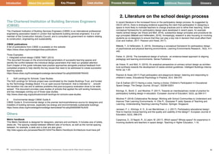 Key Phases Case studies Process Milestones Ten Lessons Additional Resources
81 82
School Building Guidance for Head Teachers,School Building Commissioners, Teachers and the Wider School Community
Introduction About this guidance Glossary
2. Literature on the school design process
In recent literature is the increased focus on the participatory design process. As suggested by
OECD (2014), there is emerging evidence supporting the claim that participation in designing a
space is more likely to motivate teachers to change practices and to refine their teaching. Some
conceptual frameworks for participatory design were developed in recent years, for example
needs centred design (de Vrieze and Moll, 2016), substantive design principles and procedural de-
sign principles (Mäkelä and Helfenstein, 2016). Increasingly, research is also focusing on involving
students as co-designers to ensure that they can play a key role in decision that could affect them
(Can and Inalhan, 2017; Pearson and Howe, 2017).
Mäkelä, T., & Helfenstein, S. (2016). Developing a conceptual framework for participatory design
of psychosocial and physical learning environments. Learning Environments Research, 19(3), 411-
440.
Fisher, K. (2016). The translational design of schools : an evidence-based approach to aligning
pedagogy and learning environments. Sense Publishers.
de Vrieze, R. and Moll, H. (2016). An analytical perspective on primary school design as architec-
tural synthesis towards the development of needs-centred guidelines. Intelligent Buildings Interna-
tional, pp.1-23.
Pearson & Howe (2017) Pupil participation and playground design: listening and responding to
children’s views, Educational Psychology in Practice, 33:4, 356-370
Can & İnalhan (2017) Having a voice, having a choice: Children’s Participation in Educational
Space Design, The Design Journal, 20:sup1, S3238-S3251
Könings, K., Bovill, C. and Woolner, P. (2017). Towards an interdisciplinary model of practice for
participatory building design in education. European Journal of Education, 52(3), pp.306-317.
Woolner P. (2018) Collaborative Re-design: Working with School Communities to Understand and
Improve Their Learning Environments. In: Ellis R., Goodyear P. (eds) Spaces of Teaching and
Learning. Understanding Teaching-Learning Practice. Springer, Singapore
Janssen, F. J., Könings, K. D., & van Merriënboer, J. J. (2017). Participatory educational design:
How to improve mutual learning and the quality and usability of the design?. European Journal of
Education, 52(3), 268-279.
Casanova, D., Di Napoli, R., & Leijon, M. (2017). Which space? Whose space? An experience in
involving students and teachers in space design. Teaching in Higher Education, 1-16.
The Chartered Institution of Building Services Engineers
(CIBSE)
The Chartered Institution of Building Services Engineers (CIBSE) is an international professional
engineering association based in London that represents building services engineers. It is a full
member of the Construction Industry Council, and is consulted by government on matters relating
to construction, engineering and sustainability
CIBSE publications
A list of publications from CIBSE is available on this website:
https://www.cibse.org/knowledge/cibse-publications
Three Examples:
1, Integrated school design CIBSE TM57 (2015)
This document focuses on the environmental parameters of successful learning spaces and
identify the conflict between the individual design parameters that need our greatest attention.
Each chapter of this guide indicates best practice approaches alongside practical feedback from
completed projects to help identify the key issues that need to be addressed to create successful
learning spaces.
https://www.cibse.org/Knowledge/knowledge-items/detail?id=a0q20000008I7fKAAS
2.	 Soft Landings for Schools: Case Studies.
The Soft Landings for Schools project was coordinated by the Usable Buildings Trust, and funded
by the Technology Strategy Board. It is an open-source framework that is intended to ‘…smooth
the transition into use and to address problems that post-occupancy evaluation show to be wide-
spread’. This document provides case studies of schools that applied the soft landing framework,
and key messages coming out of those case studies.
http://www.cibse-sdg.org/publications/soft-landings-for-schools-case-studies
3.	 Environmental design CIBSE Guide A
CIBSE Guide A: Environmental design is the premier technical/reference source for designers and
installers of building services, especially low energy and environmentally sustainable buildings.
https://www.cibse.org/knowledge/knowledge-items/detail?id=a0q20000008I79JAAS
Others
Metric handbook
This Metric Handbook is designed for designers, planners and architects. It includes size of toilets,
desks etc. The spacing needed between different sets of furniture, as well as the normal spacing
between, for example, a desk and a chair are also given.
http://site.iugaza.edu.ps/uesawi/files/2015/04/The-Metric-Handbook-Architecture-must-have.pdf
 