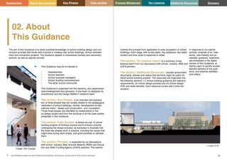Key Phases Case studies Process Milestones Ten Lessons Additional Resources
9 10
School Building Guidance for Head Teachers,School Building Commissioners, Teachers and the Wider School Community
Introduction About this guidance Glossary
02. About
This Guidance
The aim of this Guidance is to share practical knowledge on school building design and con-
struction process with those who involved in creating new school buildings, school refurbish-
ment and conversion projects. The Guidance applies to mainstream primary and secondary
schools, as well as special schools.
This Guidance may be of interest to:
•	Headteachers
•	 School teachers
•	 School business managers
•	 School building commissioners
•	 The wider school community
The Guidance is organised into five sections, plus appendices
(acknowledgement and glossary). It has been co-designed by
practitioners and the Design Matters? research team.
The section ‘Key Phases’ is an overview and explana-
tion of three phases that are closely related to the pedagogical
implication of school buildings, namely ‘development of edu-
cational vision’, ‘design and construction’, and ‘occupation’.
Those three phases are identified by stakeholders in this
co-design project and form the structure of all the case studies
presented in this Guidance.
The section ‘Case Studies’ is where we use 12 school
building projects (6 finished schools and 6 schools currently
undergoing the design process) as examples to illustrate how
the three key phases work in practice, including the issues that
might arise during each phase, and good practices to address
them.
The section ‘Process’ is supported by our discussions
with school, industry, New Schools Network (NSN) and Educa-
tion and Skills Funding Agency (ESFA) partners. This section
outlines the process from application to post occupation of school
buildings. Each stage, with its key tasks, key questions, key stake-
holders and time scale is explained in detail.
The section ’10 Lessons Learnt’ is a summary of key
lessons learnt from our discussions with school, industry, NSN and
ESFA partners.
The section ‘Additional Resources’ includes government
documents, articles and videos that we think might be useful for
future school building projects. The resources are organised into
the following sections: (1) school building guidance and statutory
requirements, (2) school design process and (3) school design,
POE and wider benefits. Each resource comes with a short de-
scription.
Credit: FCB
Credit: Tim Crocker
In response to our partner
schools’ proposal of an ‘inter-
active, user-friendly and ac-
cessible’ guidance, hyperlinks
are embedded in the digital
version of this Guidance, al-
lowing users to quickly access
desired sections of this guid-
ance, and external websites
and videos.
 