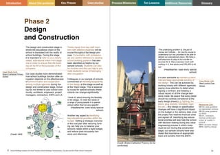Key Phases Case studies Process Milestones Ten Lessons Additional Resources
15 16
School Building Guidance for Head Teachers,School Building Commissioners, Teachers and the Wider School Community
Introduction About this guidance Glossary
Phase 2
Design
and Construction
The design and construction stage is
where the educational vision of the
school is translated into the reality of
school buildings. During this stage
it is important to refer to your clearly
stated, educational vision from stage
one in order to ensure that the build-
ing will be fit for the purposes of the
occupiers.
Our case studies have demonstrated
how school buildings function after oc-
cupation depends on the effectiveness
of communication and cooperation
among multiple agencies during the
design and construction stage, includ-
ing but not limited to your school com-
munity, architects, engineers, project
managers, contractors, ESFA and LA.
Timely inputs from key staff mem-
bers with different expertise will be
crucial throughout the design pro-
cess. Consultation with profession-
als and careful reference to existing
school building guidance has also
been identified as helpful by our
sample schools. Students can also
be involved and this can help to pro-
mote students’ sense of belonging
after occupation.
Colleagues in our sample of schools
commented on flexibility/adaptability
of the design at this stage as well as
at the Vision stage. This is especial-
ly crucial for special schools where
cohorts can change significantly:
‘I think it’s about ensuring the flexibility
in the design. To meet the needs of
a range of young people in a special
school rather than be very specific’.
(Headteacher, case study special
school)
Another key aspect is identifying
key educational priorities within the
budget. Setting a strategic overview
of the cost plan after securing fund-
ing can help you to balance your
school’s needs within a tight budget,
and reduce post-occupancy ten-
sions and dilemmas:
‘The underlying problem is, the pot of
money isn’t infinite…. for me it’s crucial to
understand our key priorities to be able to
deliver our educational vision. We have a
soft playroom to play in but not the re-
sources for it. Also a sensory room with
nothing in it, that alone cost £25,000 to kit
out.’
(Headteacher, case study special
school)
It is also advisable to maintain a client
role and keep appropriate scrutiny of
the design. This can be achieved by
working closely with different agencies,
paying close attention to detail when
signing a contract, and keeping a
robust record of all the change deci-
sions made. Be aware that every detail
should be carefully considered at the
early design phase (e.g. lighting, fire
doors, plug sockets, timetable, logis-
tics etc.). Any design or specification
changes will have a significant impact
on the budget or the delivery date once
the project has reached financial close
and signed off. Identifying key educa-
tional priorities will also help the school
with decision making during any value
engineering process in which costs
must be cut. During the construction
stage, our sample schools have also
stated the importance of appropriate
input and scrutiny from the ESFA..
Case Study Link:
West London Free
School
Resources Link:
BB103, area guideline
for mainstream schools
BB104, area guideline
for SEND
BB101, ventilation,
thermal comfort and
indoor air quality in
schools
BB93, acoustic design
BB90, lighting design
Case Study Link:
Bristol Cathedral Primary
School
Credit: HKS
Credit: Bristol Cathedral Priamry (to be
confirmed)
 