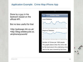 Application Example:  Crime Map iPhone App 29 March 2011 54 <ul><li>Done by a guy in his bedroom based on the official API...