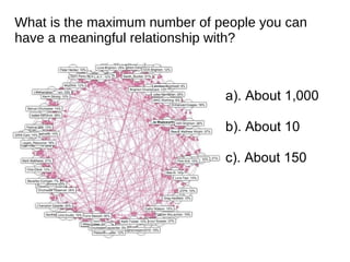 What is the maximum number of people you can have a meaningful relationship with? a). About 1,000 b). About 10 c). About 150 