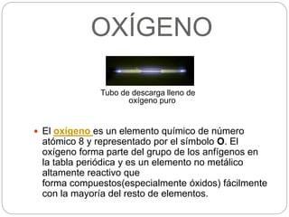 OXÍGENO
 El oxígeno es un elemento químico de número
atómico 8 y representado por el símbolo O. El
oxígeno forma parte del grupo de los anfígenos en
la tabla periódica y es un elemento no metálico
altamente reactivo que
forma compuestos(especialmente óxidos) fácilmente
con la mayoría del resto de elementos.
Tubo de descarga lleno de
oxígeno puro
 