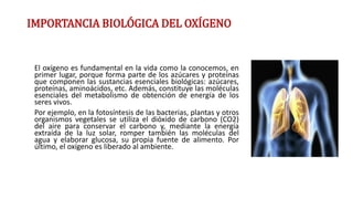 El oxígeno es fundamental en la vida como la conocemos, en
primer lugar, porque forma parte de los azúcares y proteínas
que componen las sustancias esenciales biológicas: azúcares,
proteínas, aminoácidos, etc. Además, constituye las moléculas
esenciales del metabolismo de obtención de energía de los
seres vivos.
Por ejemplo, en la fotosíntesis de las bacterias, plantas y otros
organismos vegetales se utiliza el dióxido de carbono (CO2)
del aire para conservar el carbono y, mediante la energía
extraída de la luz solar, romper también las moléculas del
agua y elaborar glucosa, su propia fuente de alimento. Por
último, el oxígeno es liberado al ambiente.
IMPORTANCIA BIOLÓGICA DEL OXÍGENO
 