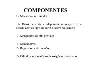 COMPONENTES 1 - Maçarico - misturador; 2- Bicos de corte - adaptáveis ao maçarico, de acordo com os tipos de corte a serem realizados; 3- Mangueiras de alta pressão; 4- Manômetros; 5- Reguladores de pressão; 6- Cilindros reservatórios de oxigênio e acetileno. 