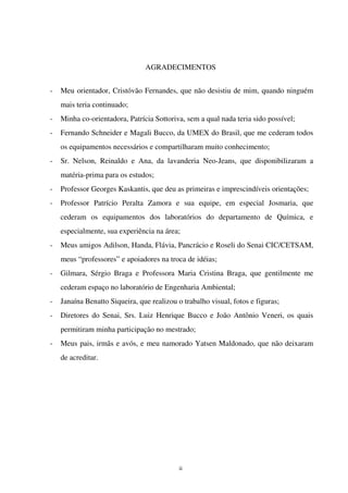 ii
AGRADECIMENTOS
- Meu orientador, Cristóvão Fernandes, que não desistiu de mim, quando ninguém
mais teria continuado;
- Minha co-orientadora, Patrícia Sottoriva, sem a qual nada teria sido possível;
- Fernando Schneider e Magali Bucco, da UMEX do Brasil, que me cederam todos
os equipamentos necessários e compartilharam muito conhecimento;
- Sr. Nelson, Reinaldo e Ana, da lavanderia Neo-Jeans, que disponibilizaram a
matéria-prima para os estudos;
- Professor Georges Kaskantis, que deu as primeiras e imprescindíveis orientações;
- Professor Patrício Peralta Zamora e sua equipe, em especial Josmaria, que
cederam os equipamentos dos laboratórios do departamento de Química, e
especialmente, sua experiência na área;
- Meus amigos Adilson, Handa, Flávia, Pancrácio e Roseli do Senai CIC/CETSAM,
meus “professores” e apoiadores na troca de idéias;
- Gilmara, Sérgio Braga e Professora Maria Cristina Braga, que gentilmente me
cederam espaço no laboratório de Engenharia Ambiental;
- Janaína Benatto Siqueira, que realizou o trabalho visual, fotos e figuras;
- Diretores do Senai, Srs. Luiz Henrique Bucco e João Antônio Veneri, os quais
permitiram minha participação no mestrado;
- Meus pais, irmãs e avós, e meu namorado Yatsen Maldonado, que não deixaram
de acreditar.
 