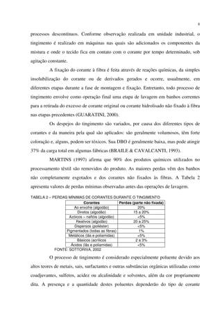 8
processos descontínuos. Conforme observação realizada em unidade industrial, o
tingimento é realizado em máquinas nas quais são adicionados os componentes da
mistura e onde o tecido fica em contato com o corante por tempo determinado, sob
agitação constante.
A fixação do corante à fibra é feita através de reações químicas, da simples
insolubilização do corante ou de derivados gerados e ocorre, usualmente, em
diferentes etapas durante a fase de montagem e fixação. Entretanto, todo processo de
tingimento envolve como operação final uma etapa de lavagem em banhos correntes
para a retirada do excesso de corante original ou corante hidrolisado não fixado à fibra
nas etapas precedentes (GUARATINI, 2000).
Os despejos do tingimento são variados, por causa dos diferentes tipos de
corantes e da maneira pela qual são aplicados: são geralmente volumosos, têm forte
coloração e, alguns, podem ser tóxicos. Sua DBO é geralmente baixa, mas pode atingir
37% da carga total em algumas fábricas (BRAILE & CAVALCANTI, 1993).
MARTINS (1997) afirma que 90% dos produtos químicos utilizados no
processamento têxtil são removidos do produto. As maiores perdas vêm dos banhos
não completamente esgotados e dos corantes não fixados às fibras. A Tabela 2
apresenta valores de perdas mínimas observadas antes das operações de lavagem.
TABELA 2 – PERDAS MÍNIMAS DE CORANTES DURANTE O TINGIMENTO
Corantes Perdas (parte não fixada)
Ao enxofre (algodão) 20%
Diretos (algodão) 15 a 20%
Azóicos – naftóis (algodão) <5%
Reativos (algodão) 20 a 25%
Dispersos (poliéster) <5%
Pigmentados (todas as fibras) 1%
Metálicos (lãs e poliamidas) <5%
Básicos (acrílicos 2 a 3%
Ácidos (lãs e poliamidas) <5%
FONTE: SOTTORIVA, 2002
O processo de tingimento é considerado especialmente poluente devido aos
altos teores de metais, sais, surfactantes e outras substâncias orgânicas utilizadas como
coadjuvantes, sulfetos, acidez ou alcalinidade e solventes, além da cor propriamente
dita. A presença e a quantidade destes poluentes dependerão do tipo de corante
 