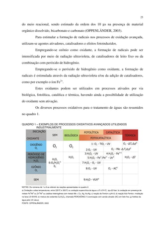 25
do meio reacional, sendo estimado da ordem dos 10 µs na presença de material
orgânico dissolvido, bicarbonato e carbonato (OPPENLÄNDER, 2003).
Para estimular a formação de radicais nos processos de oxidação avançada,
utilizam-se agentes ativadores, catalisadores e efeitos fotoinduzidos.
Empregando-se ozônio como oxidante, a formação de radicais pode ser
intensificada por meio de radiação ultravioleta, de catalisadores de leito fixo ou da
combinação com peróxido de hidrogênio.
Empregando-se o peróxido de hidrogênio como oxidante, a formação de
radicais é estimulada através da radiação ultravioleta e/ou da adição de catalisadores,
como por exemplo o íon Fe2+
.
Estes oxidantes podem ser utilizados em processos ativados por via
biológica, fotolítica, catalítica e térmica, havendo ainda a possibilidade de utilização
do oxidante sem ativação.
Os diversos processos oxidativos para o tratamento de águas são resumidos
no quadro 1.
QUADRO 1 – EXEMPLOS DE PROCESSOS OXIDATIVOS AVANÇADOS UTILIZADOS
INDUSTRIALMENTE
NOTAS: Os números de 1 a 9 se referem às reações apresentadas no quadro 2.
a) Oxidação a altas temperaturas, entre 220°C e 300°C ou oxidação supercrítica da água a ∆T>374°C, ∆p>221bar; b) oxidação em presença de
metais Fe
0
/Ni
0
ou Zn
0
/Ni
0
ou catálise heterogênea com metais Me = Cu, Ag, Au/Ag; c) reação de Fenton a pH<5; d) reação foto-Fenton, irradiação
na faixa UV-B/VIS; e) mistura de oxidantes O3/H2O2, chamada PEROXÔNIO; f) ozonização com carvão ativado (AC) em leito fixo; g) fotólise da
água pelo UV-vácuo
FONTE: OPPENLÄNDER, 2003
 