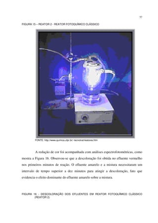 57
FIGURA 15 – REATOR 2 - REATOR FOTOQUÍMICO CLÁSSICO
FONTE: http://www.quimica.ufpr.br/~tecnotrat/reatores.htm
A redução de cor foi acompanhada com análises espectrofotométricas, como
mostra a Figura 16. Observou-se que a descoloração foi obtida no efluente vermelho
nos primeiros minutos de reação. O efluente amarelo e a mistura necessitaram um
intervalo de tempo superior a dez minutos para atingir a descoloração, fato que
evidencia o efeito dominante do efluente amarelo sobre a mistura.
FIGURA 16 - DESCOLORAÇÃO DOS EFLUENTES EM REATOR FOTOQUÍMICO CLÁSSICO
(REATOR 2)
 