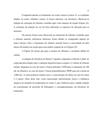 63
Comparativamente ao tratamento em reator clássico (reator 2), os resultados
obtidos no reator cilíndrico (reator 3) foram inferiores em eficiência. Observou-se
redução de coloração do efluente vermelho após vinte minutos de reação (Figura 24).
A avaliação da redução de cor foi feita utilizando os espectros de absorção para as
amostras.
Da mesma forma como observado no tratamento do efluente vermelho, para
o efluente amarelo, eficiências inferiores foram obtidas se comparadas àquelas do
reator clássico. Para o tratamento do efluente amarelo houve a necessidade de pelo
menos 40 minutos de reação para uma melhor redução de cor (Figura 25).
A Figura 26 mostra que para a mistura de efluentes o resultado obtido foi
similar.
A redução de eficiência do Reator 3 quando comparado ao Reator 2 pode ser
explicada pela relação entre a radiação disponível para a reação e o volume de efluente
tratado. Enquanto no caso do reator 2 foram utilizados 125W para o tratamento de 180
mL de efluentes, no caso do reator 3 foram disponibilizados 300W para um volume de
1.000 mL. A razão potência:volume caiu e a concentração de fótons no caso do reator
3 é menor. Além deste fato, como mencionado anteriormente, houve a influência
negativa do aumento de temperatura no reator 3, que colaborou para a rápida redução
da concentração de peróxido de hidrogênio e conseqüentemente, da eficiência do
tratamento.
 