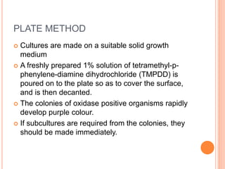 PLATE METHOD
 Cultures are made on a suitable solid growth
medium
 A freshly prepared 1% solution of tetramethyl-p-
phenylene-diamine dihydrochloride (TMPDD) is
poured on to the plate so as to cover the surface,
and is then decanted.
 The colonies of oxidase positive organisms rapidly
develop purple colour.
 If subcultures are required from the colonies, they
should be made immediately.
 