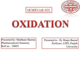 Presented by: Shubham Sharma
Pharmaceutical Chemistry
Roll no. : 20029
Presented to : Dr. Ranju Bansal
Professor ,UIPS, Panjab
University
 