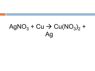 AgNO3 + Cu  Cu(NO3)2 +
Ag
 