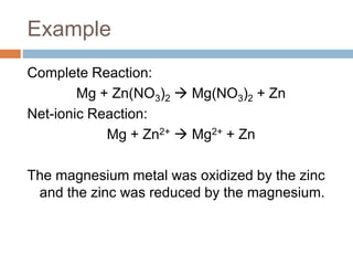 Example
Complete Reaction:
Mg + Zn(NO3)2  Mg(NO3)2 + Zn
Net-ionic Reaction:
Mg + Zn2+  Mg2+ + Zn
The magnesium metal was oxidized by the zinc
and the zinc was reduced by the magnesium.
 