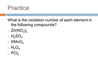 Practice
What is the oxidation number of each element in
the following compounds?
1. Zn(NO3)2
2. H2SO4
3. KMnO4
4. N2O4
5. PCl3
 