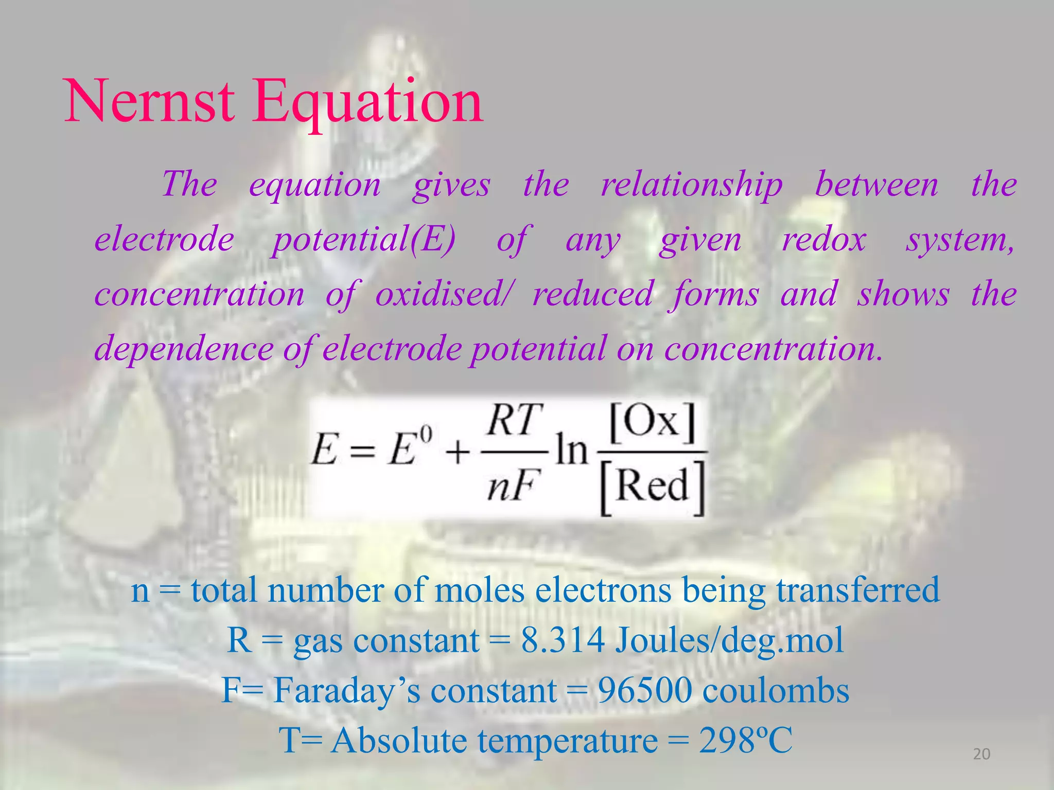 Nernst Equation
The equation gives the relationship between the
electrode potential(E) of any given redox system,
concentration of oxidised/ reduced forms and shows the
dependence of electrode potential on concentration.
n = total number of moles electrons being transferred
R = gas constant = 8.314 Joules/deg.mol
F= Faraday’s constant = 96500 coulombs
T= Absolute temperature = 298ºC 20
 