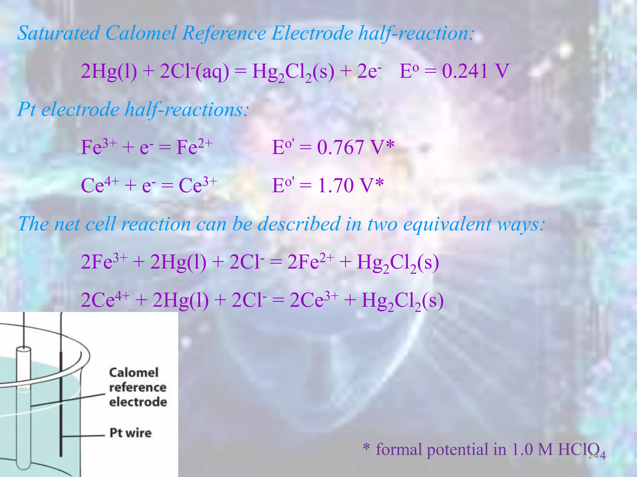 Saturated Calomel Reference Electrode half-reaction:
2Hg(l) + 2Cl-(aq) = Hg2Cl2(s) + 2e- Eo = 0.241 V
Pt electrode half-reactions:
Fe3+ + e- = Fe2+ Eo' = 0.767 V*
Ce4+ + e- = Ce3+ Eo' = 1.70 V*
The net cell reaction can be described in two equivalent ways:
2Fe3+ + 2Hg(l) + 2Cl- = 2Fe2+ + Hg2Cl2(s)
2Ce4+ + 2Hg(l) + 2Cl- = 2Ce3+ + Hg2Cl2(s)
* formal potential in 1.0 M HClO424
 