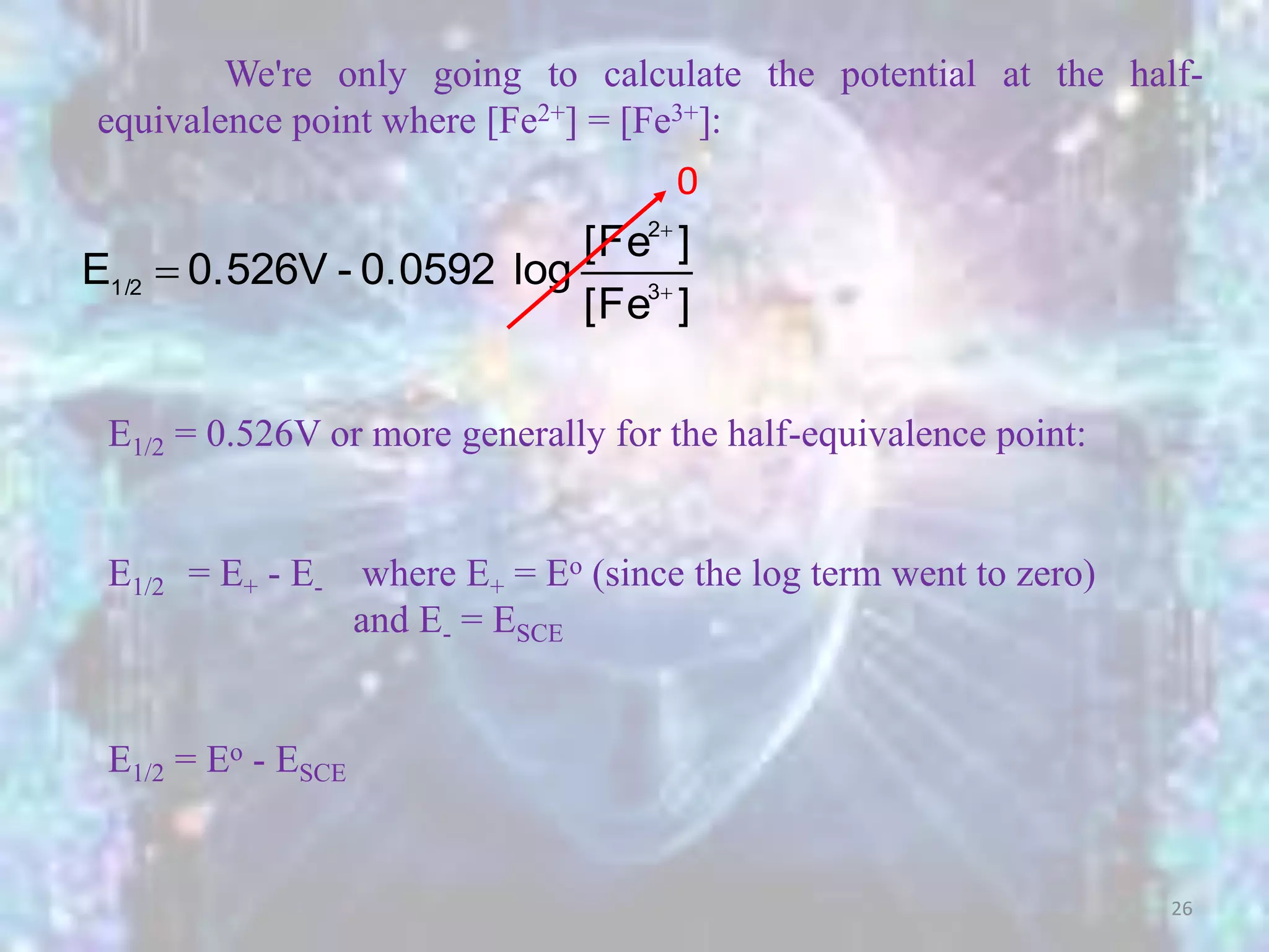 We're only going to calculate the potential at the half-
equivalence point where [Fe2+] = [Fe3+]:
][Fe
][Fe
log0.0592-0.526VE 3
2
1/2 


0
E1/2 = 0.526V or more generally for the half-equivalence point:
E1/2 = E+ - E- where E+ = Eo (since the log term went to zero)
and E- = ESCE
E1/2 = Eo - ESCE
26
 