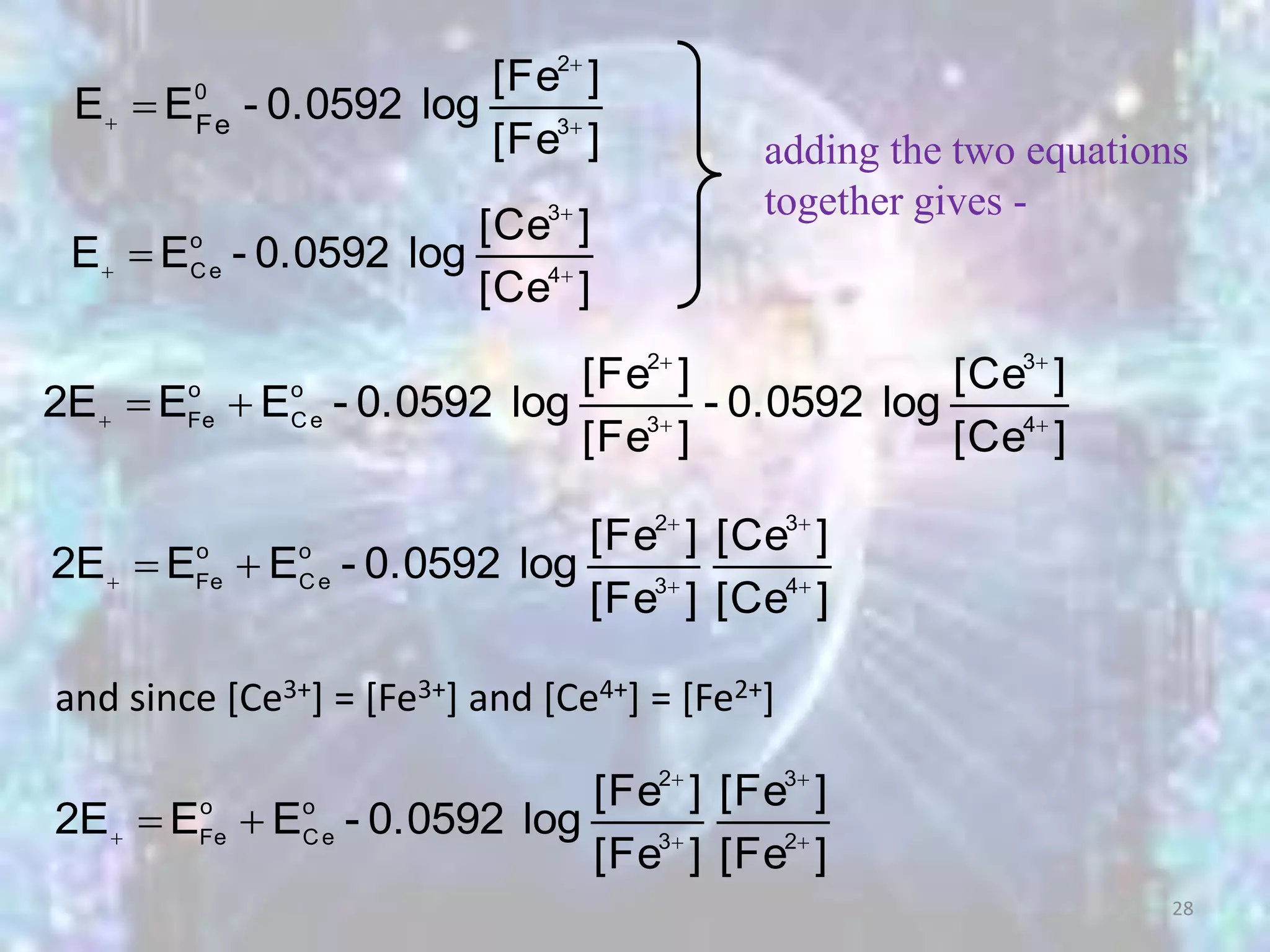 adding the two equations
together gives -
][Ce
][Ce
log0.0592-
][Fe
][Fe
log0.0592-EE2E 4
3
3
2
o
Ce
o
Fe 





][Fe
][Fe
log0.0592-EE 3
2
0
Fe 



][Ce
][Ce
log0.0592-EE 4
3
o
Ce 



][Ce
][Ce
][Fe
][Fe
log0.0592-EE2E 4
3
3
2
o
Ce
o
Fe 





and since [Ce3+] = [Fe3+] and [Ce4+] = [Fe2+]
][Fe
][Fe
][Fe
][Fe
log0.0592-EE2E 2
3
3
2
o
Ce
o
Fe 





28
 