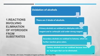 1.REACTIONS
INVOLVING
ELIMINATION
OF HYDROGEN
FROM
SUBSTRATES
Oxidation of alcohols
There are 3 kinds of alcohols.
Primary alcohols are oxidized to aldehydes with mild
reagent and to carboxylic acid under strong reagent.
Secondary alcohols are oxidized to ketones, which on
further reaction gives esters.
Tertiary alcohols are not oxidized because there is
no hydrogen that can be eliminated.
R.O. Norman, J.M. Coxon, Principles of organic synthesis, CRC Press1993.
4
 