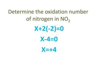 Determine the oxidation number
of nitrogen in NO2
X+2(-2)=0
X-4=0
X=+4
 