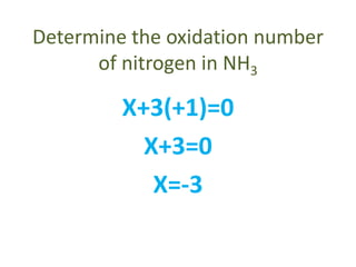 Determine the oxidation number
of nitrogen in NH3
X+3(+1)=0
X+3=0
X=-3
 