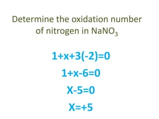 Determine the oxidation number
of nitrogen in NaNO3
1+x+3(-2)=0
1+x-6=0
X-5=0
X=+5
 