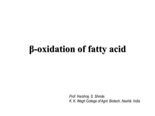 β-oxidation of fatty acid
Prof. Harshraj. S. Shinde
K. K. Wagh College of Agril. Biotech, Nashik. India
 