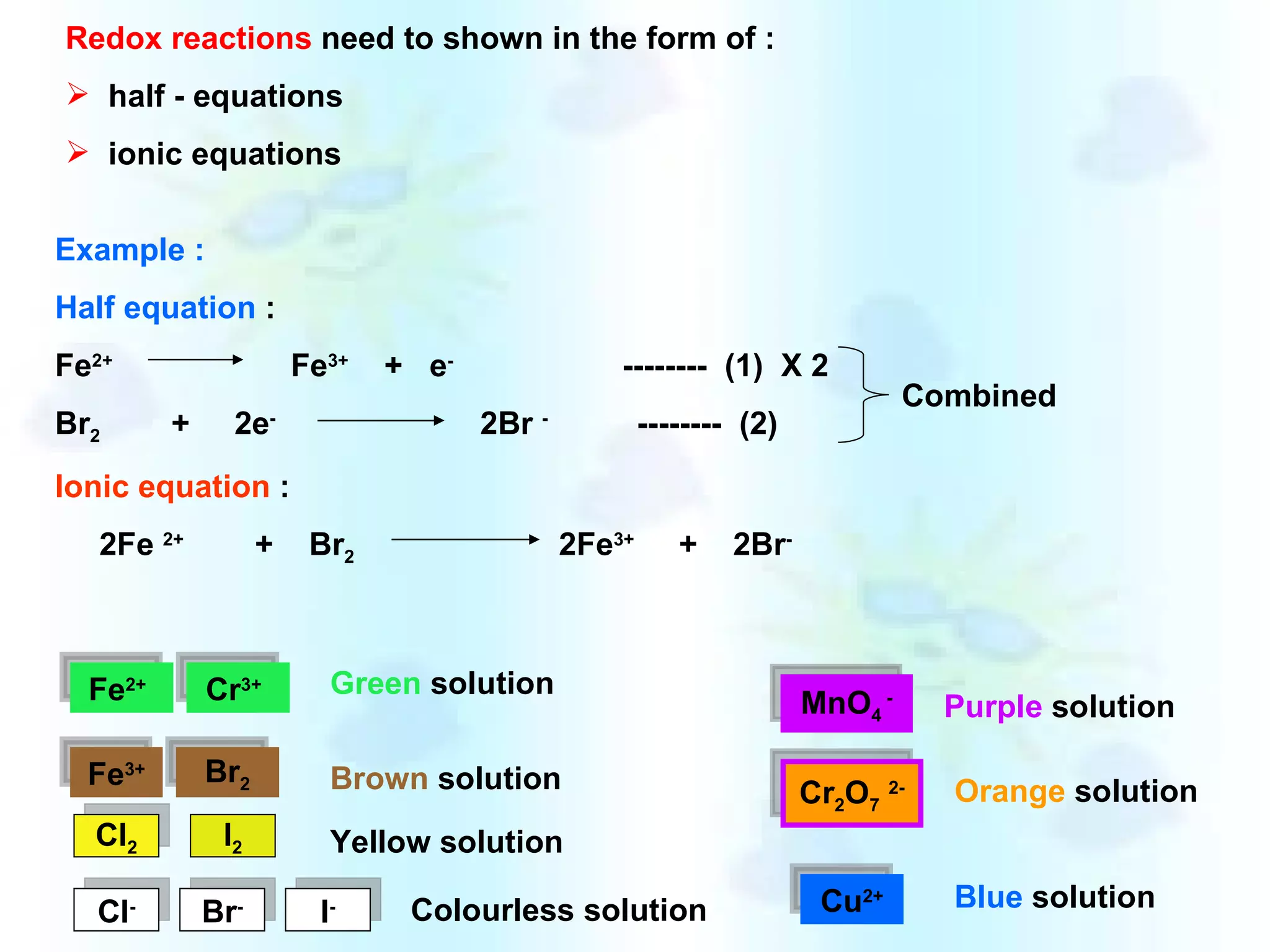 Redox reactions  need to shown in the form of :  half - equations  ionic equations Fe 2+   Fe 3+ Cl - Cl 2 Br - I - Br 2 Green  solution Brown  solution  Yellow solution  Colourless solution  MnO 4  - Purple  solution  Cr 2 O 7   2- Cu 2+ Orange  solution  Blue  solution  Cr 3+   I 2 Example : Half equation  : Fe 2+   Fe 3+   +  e -   --------  (1)  X 2  Br 2   +  2e -   2Br  -   --------  (2) Ionic equation  : 2Fe  2+   +  Br 2   2Fe 3+   +  2Br - Combined  