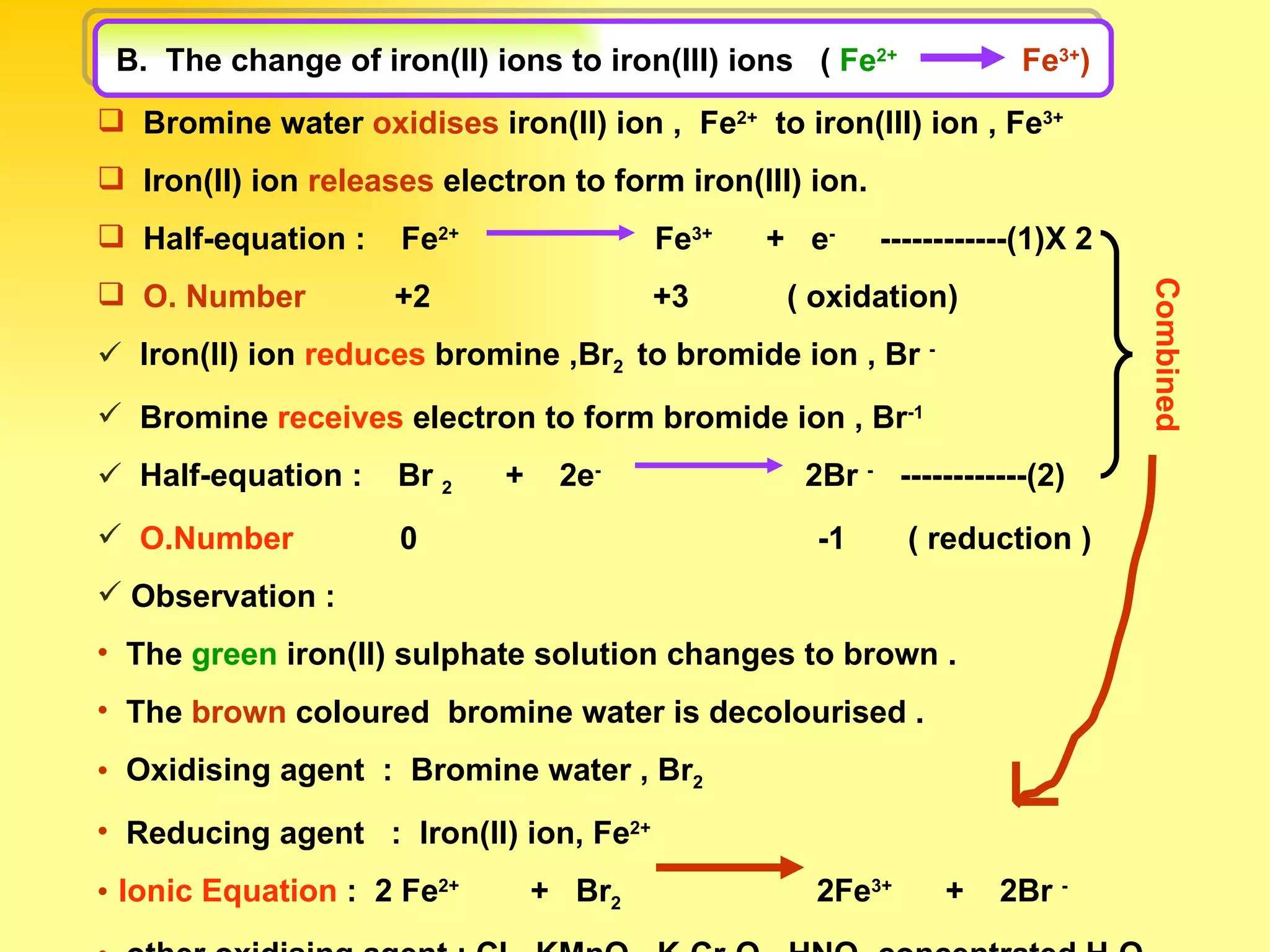 Bromine water  oxidises  iron(II) ion ,  Fe 2+   to iron(III) ion , Fe 3+ Iron(II) ion  releases  electron to form iron(III) ion. Half-equation :  Fe 2+   Fe 3+   +  e -   ------------(1)X 2 O. Number   +2  +3  ( oxidation)  Iron(II) ion  reduces  bromine ,Br 2  to bromide ion , Br  - Bromine  receives  electron to form bromide ion , Br -1   Half-equation :  Br  2   +  2e -   2Br  -   ------------(2)  O.Number  0  -1  ( reduction ) Observation : The  green  iron(II) sulphate solution changes to brown . The  brown  coloured  bromine water is decolourised . Oxidising agent  :  Bromine water , Br 2 Reducing agent  :  Iron(II) ion, Fe 2+ Ionic Equation  :  2 Fe 2+   +  Br 2   2Fe 3+   +  2Br  - other oxidising agent : Cl 2  ,KMnO 4  ,K 2 Cr 2 O 7  ,HNO 3  concentrated,H 2 O 2   Combined   B.  The change of iron(II) ions to iron(III) ions  (  Fe 2+   Fe 3+ ) 