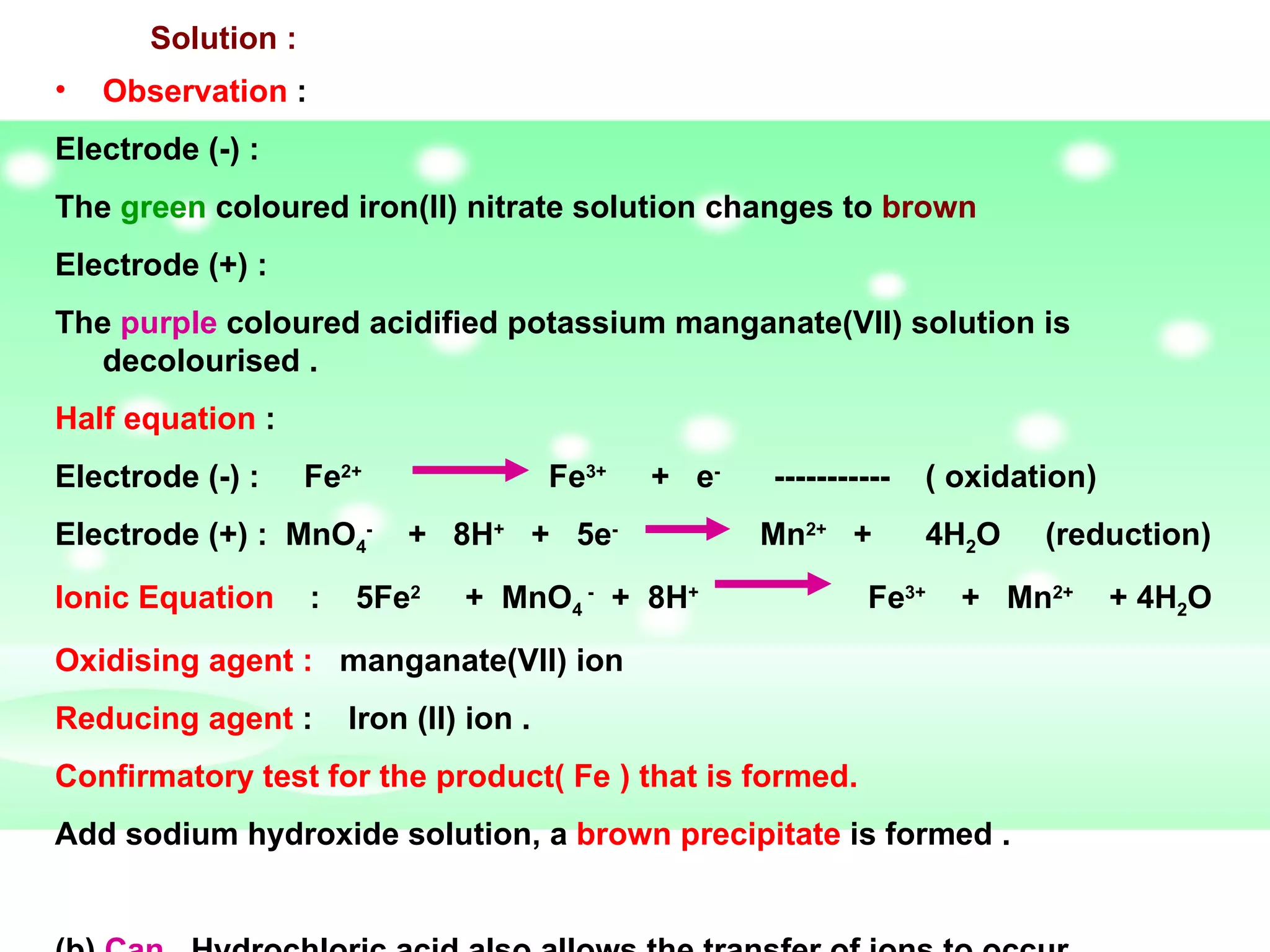Observation   : Electrode (-) : The  green  coloured iron(II) nitrate solution changes to  brown Electrode (+) : The  purple  coloured acidified potassium manganate(VII) solution is decolourised . Half equation  : Electrode (-) :  Fe 2+   Fe 3+   +  e -   -----------  ( oxidation) Electrode (+) :  MnO 4 -   +  8H +   +  5e -   Mn 2+   +  4H 2 O  (reduction) Ionic Equation   :  5Fe 2   +  MnO 4  -   +  8H +   Fe 3+   +  Mn 2+   + 4H 2 O Oxidising agent :  manganate(VII) ion  Reducing agent  :  Iron (II) ion . Confirmatory test for the product( Fe ) that is formed. Add sodium hydroxide solution, a  brown precipitate  is formed . (b)  Can .  Hydrochloric acid also allows the transfer of ions to occur . Solution :   
