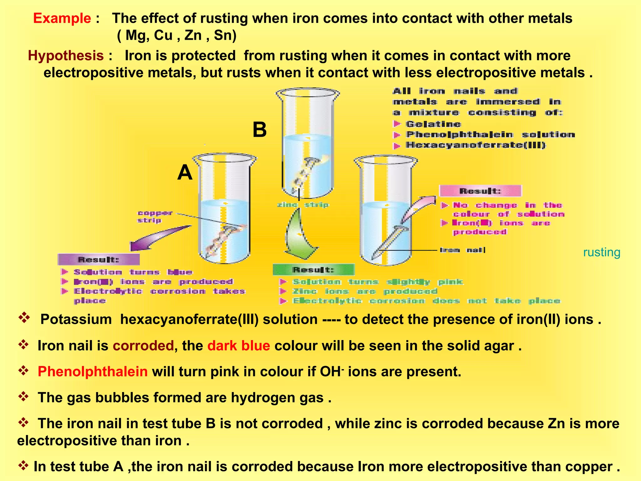 Example  :  The effect of rusting when iron comes into contact with other metals    ( Mg, Cu , Zn , Sn) Hypothesis  :  Iron is protected  from rusting when it comes in contact with more    electropositive metals, but rusts when it contact with less electropositive metals .  Potassium  hexacyanoferrate(III) solution ---- to detect the presence of iron(II) ions . Iron nail is  corroded , the  dark blue  colour will be seen in the solid agar . Phenolphthalein  will turn pink in colour if OH -  ions are present. The gas bubbles formed are hydrogen gas . The iron nail in test tube B is not corroded , while zinc is corroded because Zn is more electropositive than iron . In test tube A ,the iron nail is corroded because Iron more electropositive than copper . B A rusting 