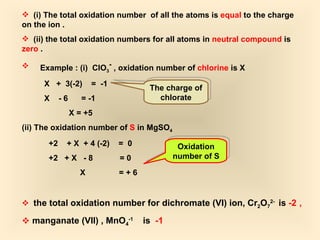 (i)   The total oxidation number  of all the atoms is  equal  to the charge on the ion . (ii) the total oxidation numbers for all atoms in  neutral compound  is  zero  . Example : (i)  ClO 3 -  , oxidation number of  chlorine  is X X  +  3(-2)  =  -1 X  - 6  = -1 X = +5 (ii) The oxidation number of  S  in MgSO 4 +2  + X  + 4 (-2)  =  0 +2  + X  - 8  = 0 X  = + 6 the total oxidation number for dichromate (VI) ion, Cr 2 O 7 2-  is  -2   , manganate (VII) , MnO 4 -1   is  -1 The charge of chlorate Oxidation number of S 