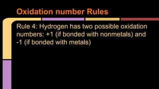 Oxidation number Rules 
Rule 4: Hydrogen has two possible oxidation 
numbers: +1 (if bonded with nonmetals) and 
-1 (if bonded with metals) 
 