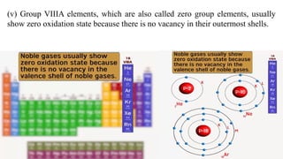 (v) Group VIIIA elements, which are also called zero group elements, usually
show zero oxidation state because there is no vacancy in their outermost shells.
 