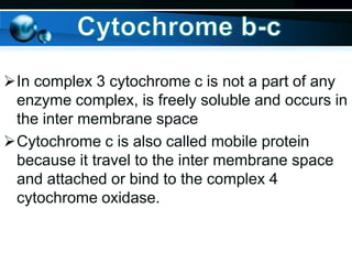In complex 3 cytochrome c is not a part of any
enzyme complex, is freely soluble and occurs in
the inter membrane space
Cytochrome c is also called mobile protein
because it travel to the inter membrane space
and attached or bind to the complex 4
cytochrome oxidase.

 