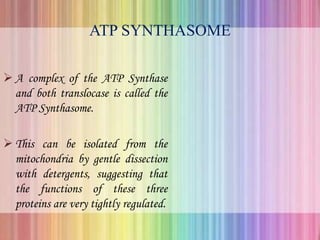 ATP SYNTHASOME
 A complex of the ATP Synthase
and both translocase is called the
ATP Synthasome.
 This can be isolated from the
mitochondria by gentle dissection
with detergents, suggesting that
the functions of these three
proteins are very tightly regulated.
 