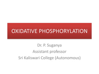 OXIDATIVE PHOSPHORYLATION
Dr. P. Suganya
Assistant professor
Sri Kaliswari College (Autonomous)
 