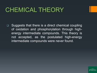 CHEMICAL THEORY
❑ Suggests that there is a direct chemical coupling
of oxidation and phosphorylation through high-
energy intermediate compounds. This theory is
not accepted, as the postulated high-energy
intermediate compounds were never found.
 