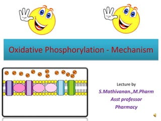 Oxidative Phosphorylation - Mechanism
Lecture by
S.Mathivanan.,M.Pharm
Asst professor
Pharmacy
 