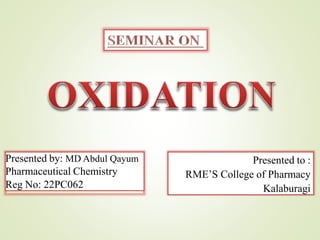 Presented by: MD Abdul Qayum
Pharmaceutical Chemistry
Reg No: 22PC062
Presented to :
RME’S College of Pharmacy
Kalaburagi
 