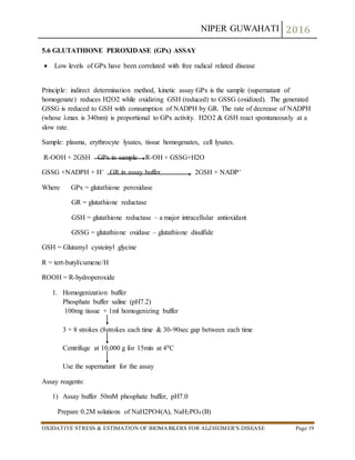 NIPER GUWAHATI 2016
OXIDATIVE STRESS & ESTIMATION OF BIOMARKERS FOR ALZHEIMER’S DISEASE Page 19
5.6 GLUTATHIONE PEROXIDASE (GPx) ASSAY
 Low levels of GPx have been correlated with free radical related disease
Principle: indirect determination method, kinetic assay GPx is the sample (supernatant of
homogenate) reduces H2O2 while oxidizing GSH (reduced) to GSSG (oxidized). The generated
GSSG is reduced to GSH with consumption of NADPH by GR. The rate of decrease of NADPH
(whose λmax is 340nm) is proportional to GPx activity. H2O2 & GSH react spontaneously at a
slow rate.
Sample: plasma, erythrocyte lysates, tissue homogenates, cell lysates.
R-OOH + 2GSH GPx in sample R-OH + GSSG+H2O
GSSG +NADPH + H+ GR in assay buffer 2GSH + NADP+
Where GPx = glutathione peroxidase
GR = glutathione reductase
GSH = glutathione reductase – a major intracellular antioxidant
GSSG = glutathione oxidase – glutathione disulfide
GSH = Glutamyl cysteinyl glycine
R = tert-butyl/cumene/H
ROOH = R-hydroperoxide
1. Homogenization buffer
Phosphate buffer saline (pH7.2)
100mg tissue + 1ml homogenizing buffer
3 × 8 strokes (8strokes each time & 30-90sec gap between each time
Centrifuge at 10,000 g for 15min at 40C
Use the supernatant for the assay
Assay reagents:
1) Assay buffer 50mM phosphate buffer, pH7.0
Prepare 0.2M solutions of NaH2PO4(A), NaH2PO4 (B)
 