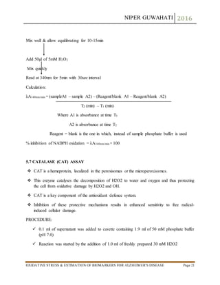 NIPER GUWAHATI 2016
OXIDATIVE STRESS & ESTIMATION OF BIOMARKERS FOR ALZHEIMER’S DISEASE Page 21
Mix well & allow equilibrating for 10-15min
Add 50µl of 5mM H2O2
Mix quickly
Read at 340nm for 5min with 30sec interval
Calculation:
λA340nm/min = (sampleA1 – sample A2) – (Reagent/blank A1 – Reagent/blank A2)
T2 (min) – T1 (min)
Where A1 is absorbance at time T1
A2 is absorbance at time T2
Reagent = blank is the one in which, instead of sample phosphate buffer is used
% inhibition of NADPH oxidation = λA340nm/min× 100
5.7 CATALASE (CAT) ASSAY
 CAT is a hemeprotein, localized in the peroxisomes or the microperoxisomes.
 This enzyme catalyses the decomposition of H2O2 to water and oxygen and thus protecting
the cell from oxidative damage by H2O2 and OH.
 CAT is a key component of the antioxidant defence system.
 Inhibition of these protective mechanisms results in enhanced sensitivity to free radical-
induced cellular damage.
PROCEDURE:
 0.1 ml of supernatant was added to cuvette containing 1.9 ml of 50 mM phosphate buffer
(pH 7.0)
 Reaction was started by the addition of 1.0 ml of freshly prepared 30 mM H2O2
 