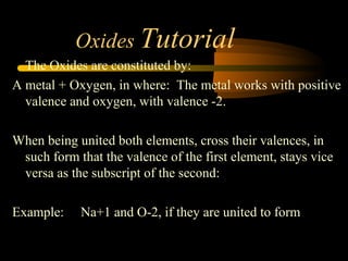 Oxides Tutorial
The Oxides are constituted by:
A metal + Oxygen, in where: The metal works with positive
valence and oxygen, with valence -2.
When being united both elements, cross their valences, in
such form that the valence of the first element, stays vice
versa as the subscript of the second:
Example: Na+1 and O-2, if they are united to form
 