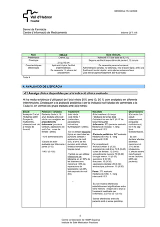IMD006Cat 15/ 04/2008




Servei de Farmàcia
Centre d’Informació de Medicaments                                                                         Informe CFT: 4/9




        Nom                             EMLA®                                             Òxid nitrós/O2
     Presentació                       Crema 2 g                                Kalinox® 170 bar bala de 5L/11L
      Posologia                                                         Segons ventilació espontània del pacient: 10 minuts
                                      2-5 g /10 cm
   Característiques             Aplicació tòpica, facilitat                        Es necessita personal entrenat
     diferencials                   d’administració.              Administració senzilla, no dolorosa, inici d’acció ràpid, amb una
                               Es necessita 1 h abans del         finalització també ràpida i amb efectes adversos lleus.
                                      procediment                 Cost elevat (aproximadament 300 € per bala)

Taula II



4. AVALUACIÓ DE L’EFICÀCIA

 4.1 Assaigs clínics disponibles per a la indicació clínica avaluada

Hi ha molta evidència d’utilització de l’òxid nitrós 50% amb O2 50 % com analgèsic en diferents
intervencions. Destaquen a la població pediàtrica i per la indicació sol·licitada els comentats a la
Taula III, en vermell els grups tractats amb òxid nitrós:

Estudi                Població i variables       Tractament                  Resultats                              Observacions
Annequin D et al      Pacients d’edat < 18       -òxid nitrós                -Edat mediana: 6,4 anys                -Es tracta d’un
Pediatrics 2000       anys tractats amb òxid     -òxid nitrós +              - Mediana de temps total               estudi
Prospectiu,           nitrós com analgèsic en    (midazolam,                 d’inhalació va ser de 6’ (6-15’ de     observacional,
multicèntric,         procediments               paracetamol,                rang interquartil)                     (enquesta
observacional de      dolorosos (puncions        hidroxicina,                -Infermeria: 975 pacients avaluats:    multicèntrica),
2 meses de            lumbars, aspiracions de    flunitrazepam i altres).    Mediana de l’escala: 1, rang           no hi ha cap
duració               moll d’os, cures de                                    intercuartil: 0-3                      tipus
                      ferides i altres)         -Es va utilitzar lidocaïna                                          d’aleatorització.
                                                tòpica en casi totes les     -Pacients pediàtrics: 647 avaluats:
                      -1019 administracions     puncions lumbars i           mediana de VAS: 9, rang              - Es van
                                                aspiracions de moll          intercuartil: 0-30                   declarar efectes
                      -Escala de dolor          d’ós, al 54% de les                                               adversos
                      avaluada por Infermeria i puncion amb nòduls           Per procediment:                     menors en el
                      pares (0-10)              linfàtics hematomas i        -Punció lumbar: 5 (0-20)             37% de les
                                                biopsia renal.               -aspiració de moll d’os: 12.5 (0-40) inhalacions.
                      -VAS* (0-100)                                          -cures de ferides: 12 (0-40)         -L’efecte advers
                                                -També es van utilitzar      -procediments menors: 18 (0-32)      més freqüent
                                                infiltracions de             -cirurgia menor: 10 (0-35)           va ser l’eufòria.
                                                lidocaïna en el 50% de       -puncions: 0 (0-18)                  (20% del
                                                les intervencions            -fractures: 15 (0-30)                pacients)
                                                menors al 40% de             -operacions dentals: 20 (0-40)
                                                reparacions de               -endoscòpia pulmonar: 15 (0-30)
                                                laceracions i al 28%
                                                dels aspirats de moll        Pares: 271 avaluats:
                                                d’ós                         mediana de VAS: 1, rang
                                                                             intercuartil: 0-3

                                                      -
                                                                             -Es van mostra diferències
                                                                             estadísticament significatives entre
                                                                             nens menors i majors de 3 anys a
                                                                             l’avaluació realitzada per
                                                                             l’infermera: 2 (0-10) vs 1 (0-10)

                                                                             -Sense diferències entre els
                                                                             pacients amb o sense psicòtrop.




                                                              4
                                           Centre col·laborador de l’ISMP-Espanya
                                           Institute for Safe Medication Practices
 