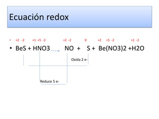 Ecuación redox
• +2 -2 +1 +5 -2 +2 -2 0 +2 +5 -2 +1 -2
• BeS + HNO3 NO + S + Be(NO3)2 +H2O
Oxida 2 e-
Reduce 5 e-
 