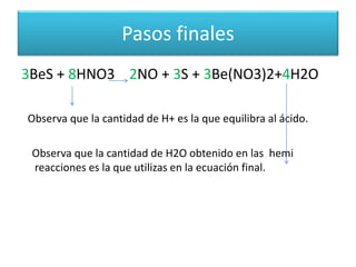 Pasos finales
3BeS + 8HNO3 2NO + 3S + 3Be(NO3)2+4H2O
Observa que la cantidad de H+ es la que equilibra al ácido.
Observa que la cantidad de H2O obtenido en las hemi
reacciones es la que utilizas en la ecuación final.
 